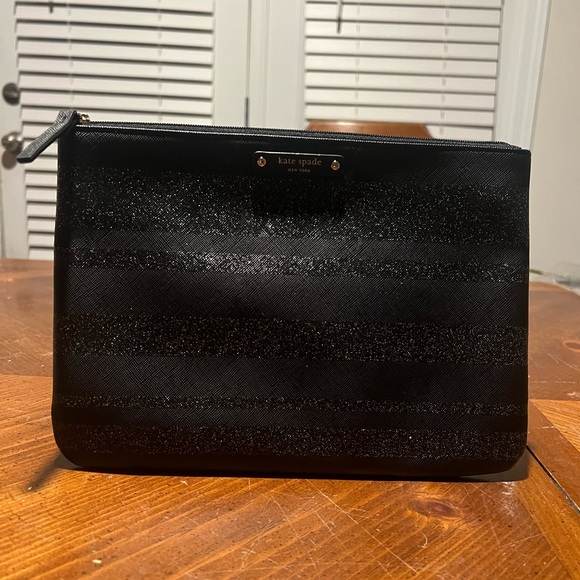 Kate Spade New York Graham Haven Lane Black Glitter Stripe Wristlet Clutch Bag - Picture 2 of 9